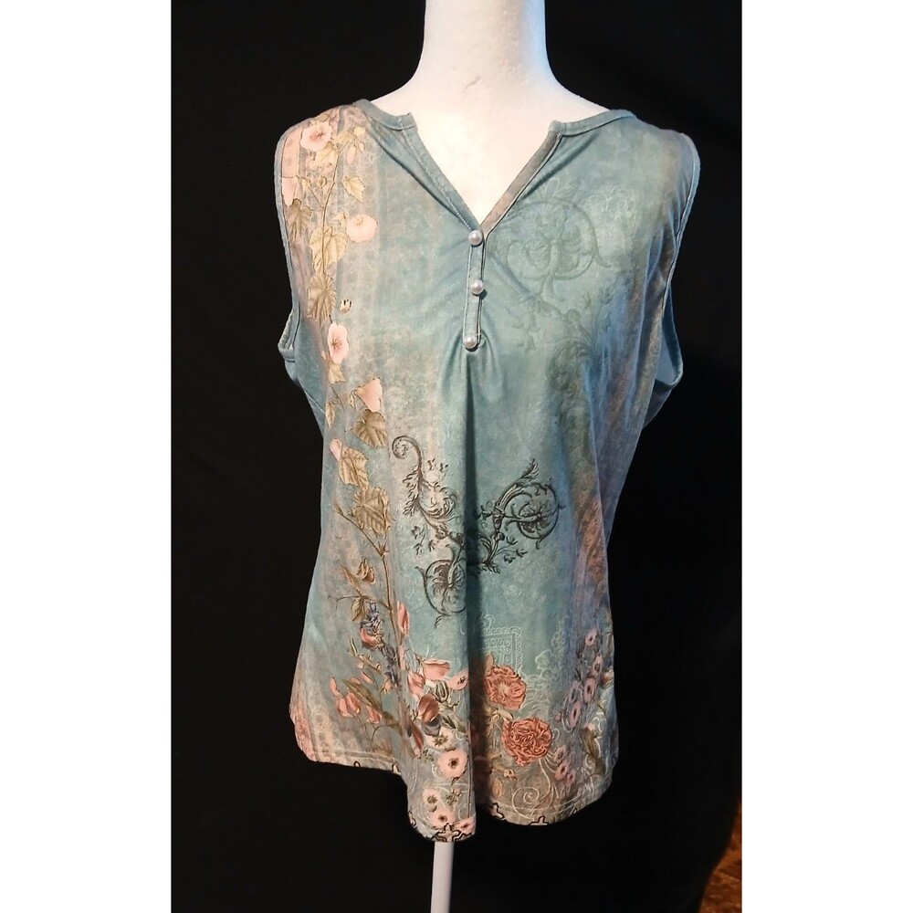 Flamingo Sleeveless Floral top with pearl like buttons  XL
